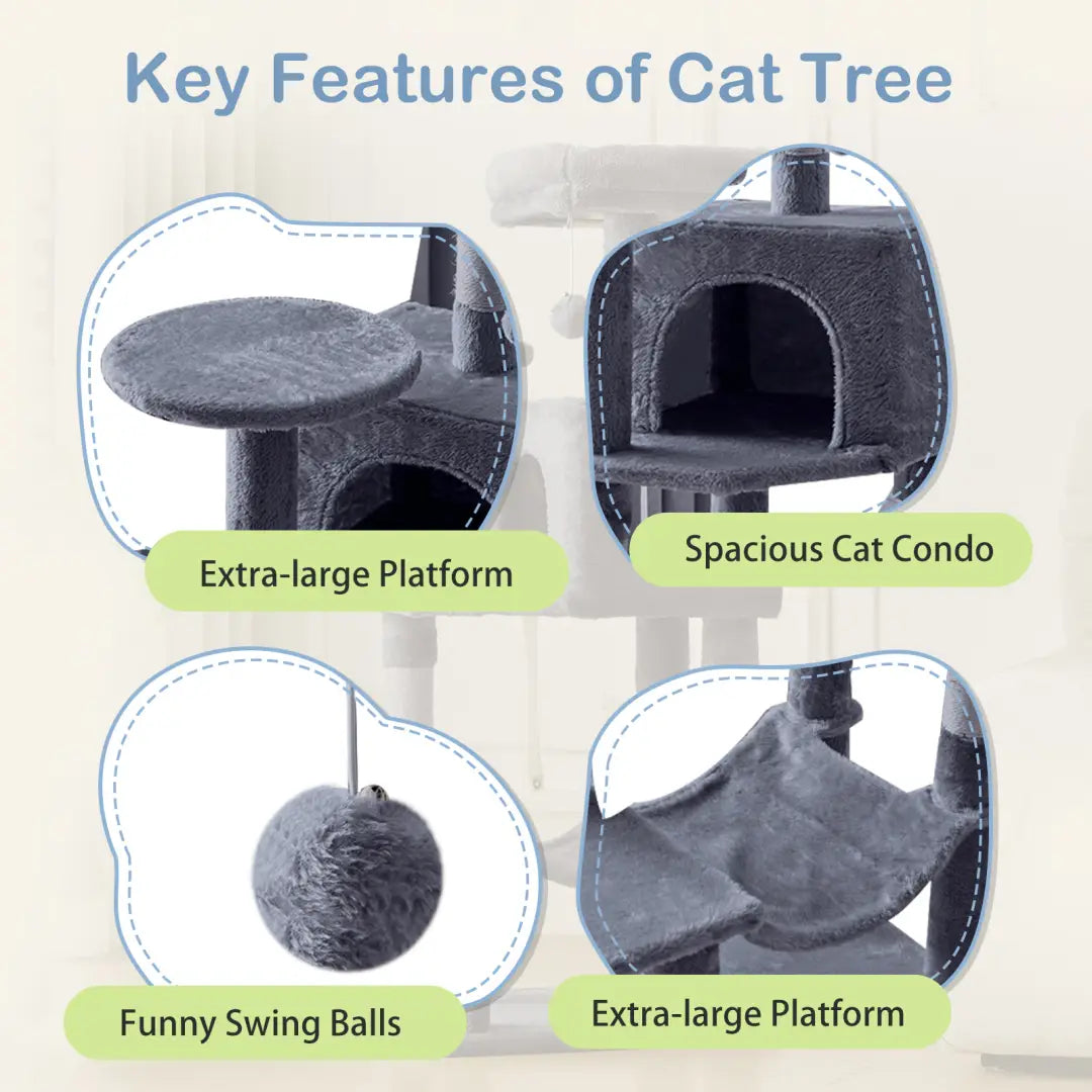 Gray plush 44 inch multi-level cat tree tower featuring a spacious condo, extra-large platforms, sisal posts, and hanging swing balls for enhanced feline activity.
