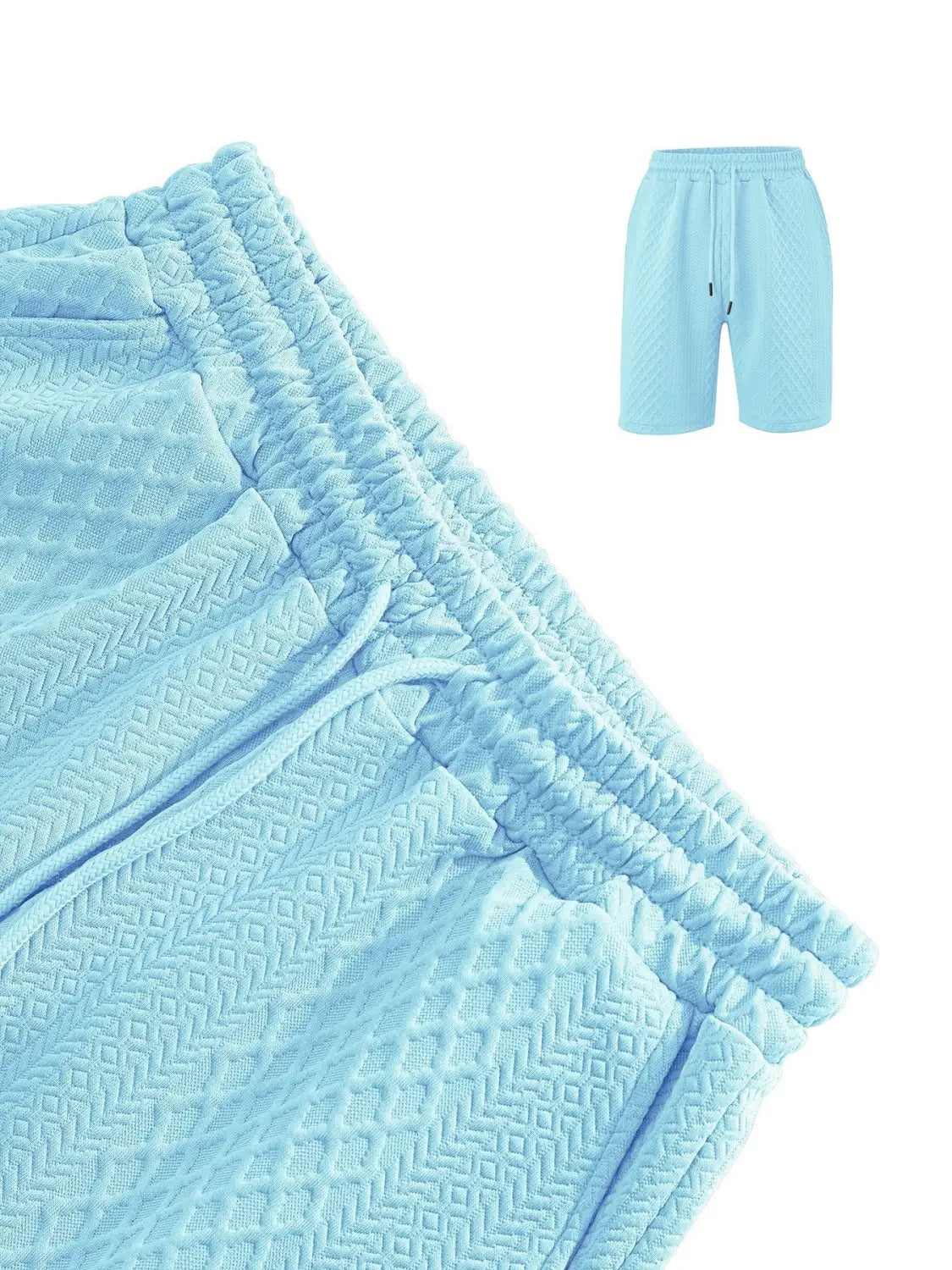 Light blue textured quilted shorts with an elastic waistband from the men textured short sleeve polo suit collection.