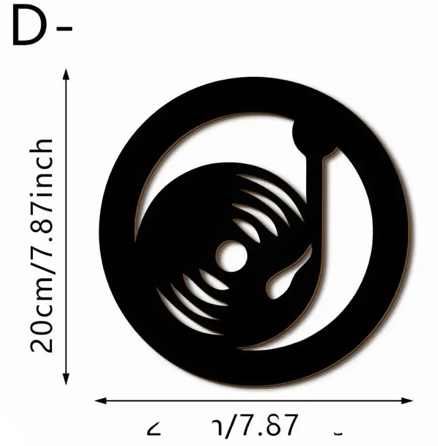 Black circular wooden wall decor featuring a stylized cut-out vinyl record design with concentric grooves and a central hole from the musical note wooden wall decor 4 piece set 20x20cm.