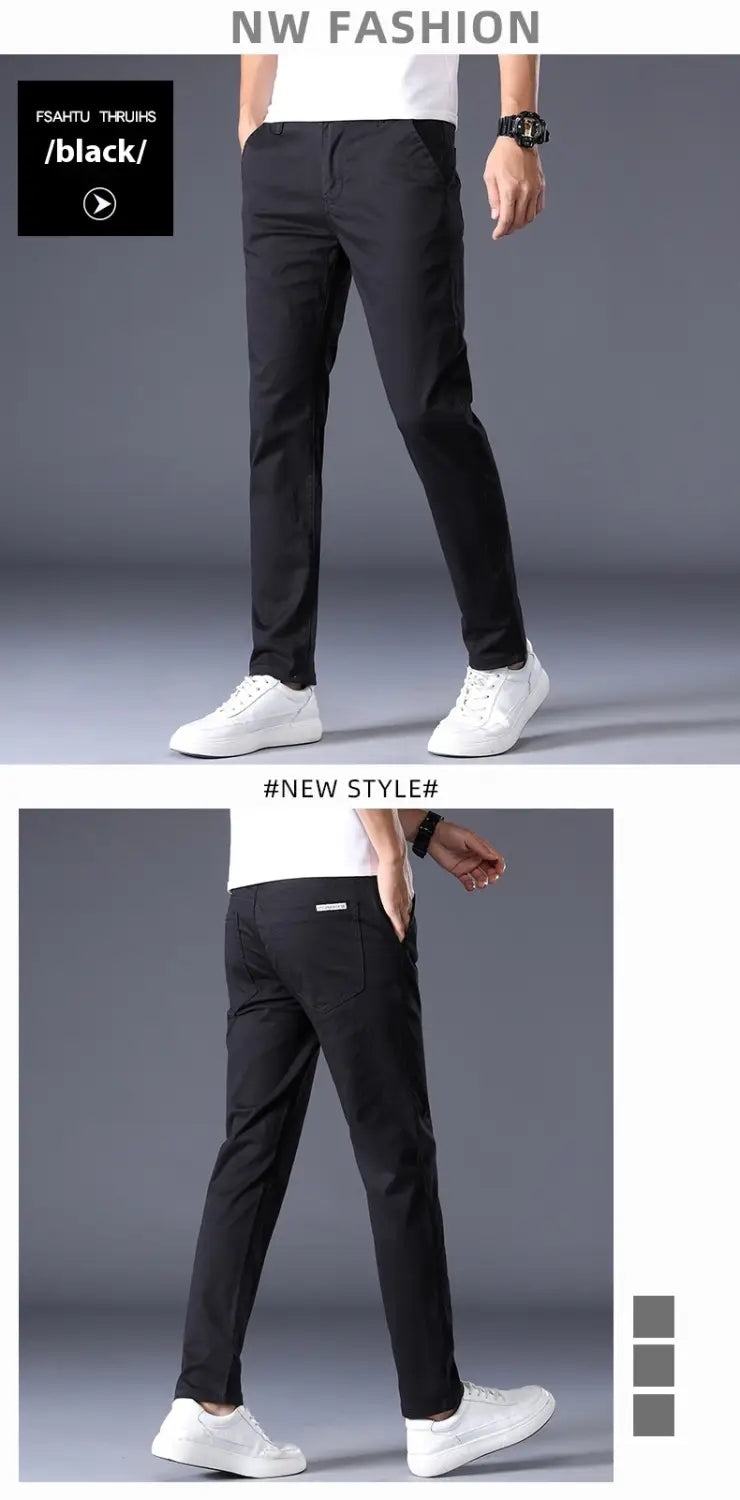 Herren-Chinohosen Slim Fit aus elastischer Baumwolle mit geradem Bein in Schwarz, mit elegantem modernem Design und dezenten Seitentaschen.