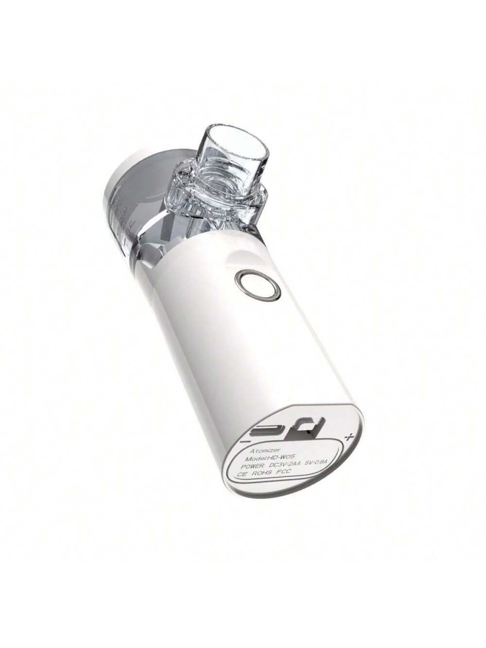 White handheld portable rechargeable nano mist facial hydration nebulizer with a clear glass mouthpiece and silver accents.