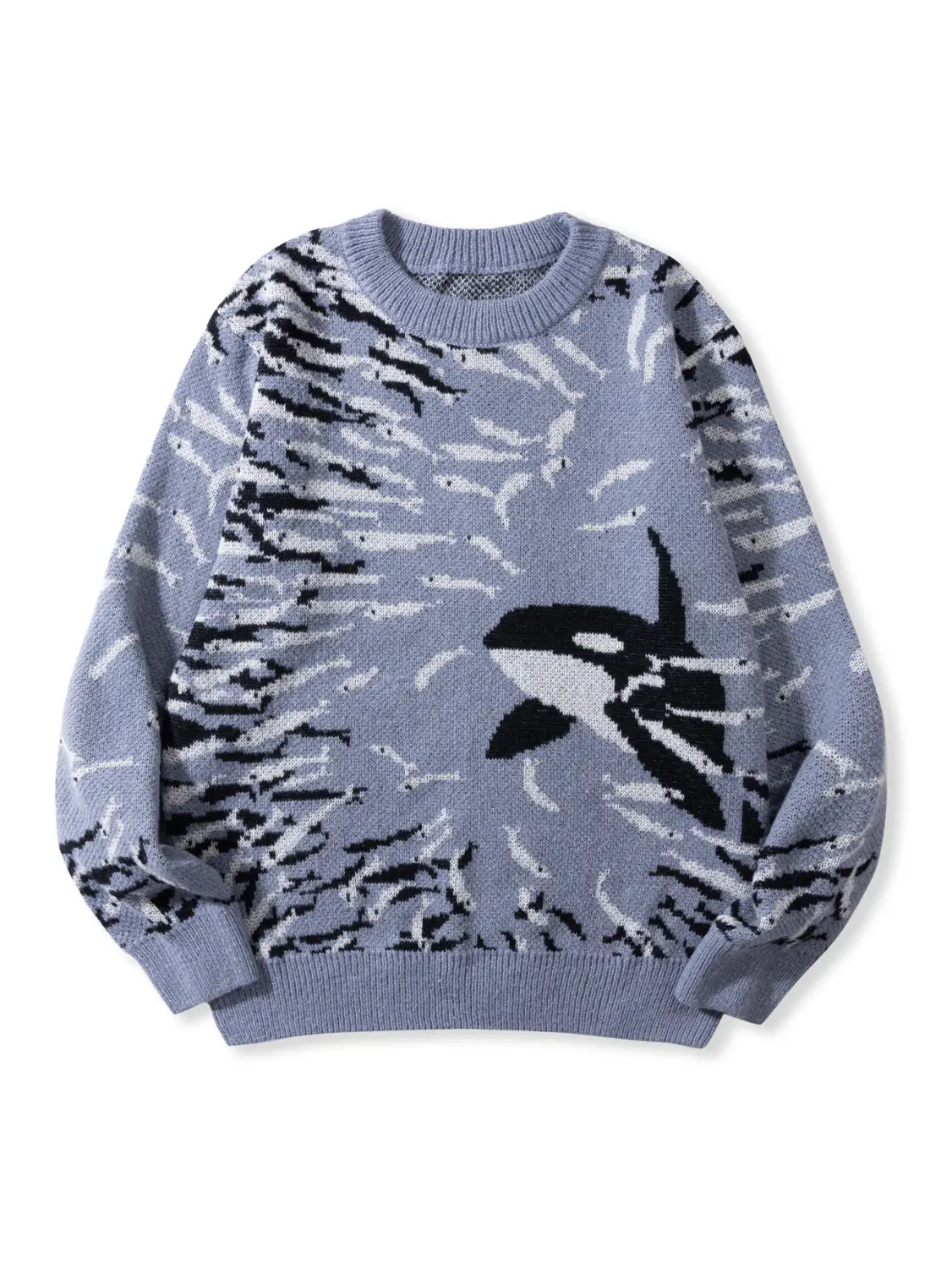Grauer Strickpullover mit einem markanten Schwarz-Weiß-Orcawal-Design und stilisierten Fischmustern für einen Casual-Koreanpullover.