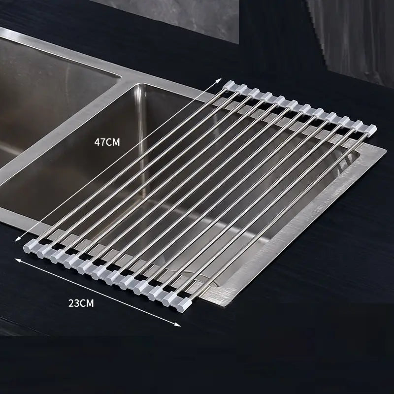 Silver stainless steel roll up dish drying rack for sink with a sleek modern design and reinforced end caps