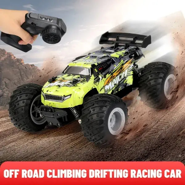 Vibrant lime green and black rc monster truck high speed off road toy car with rugged tires and bold mact logo.