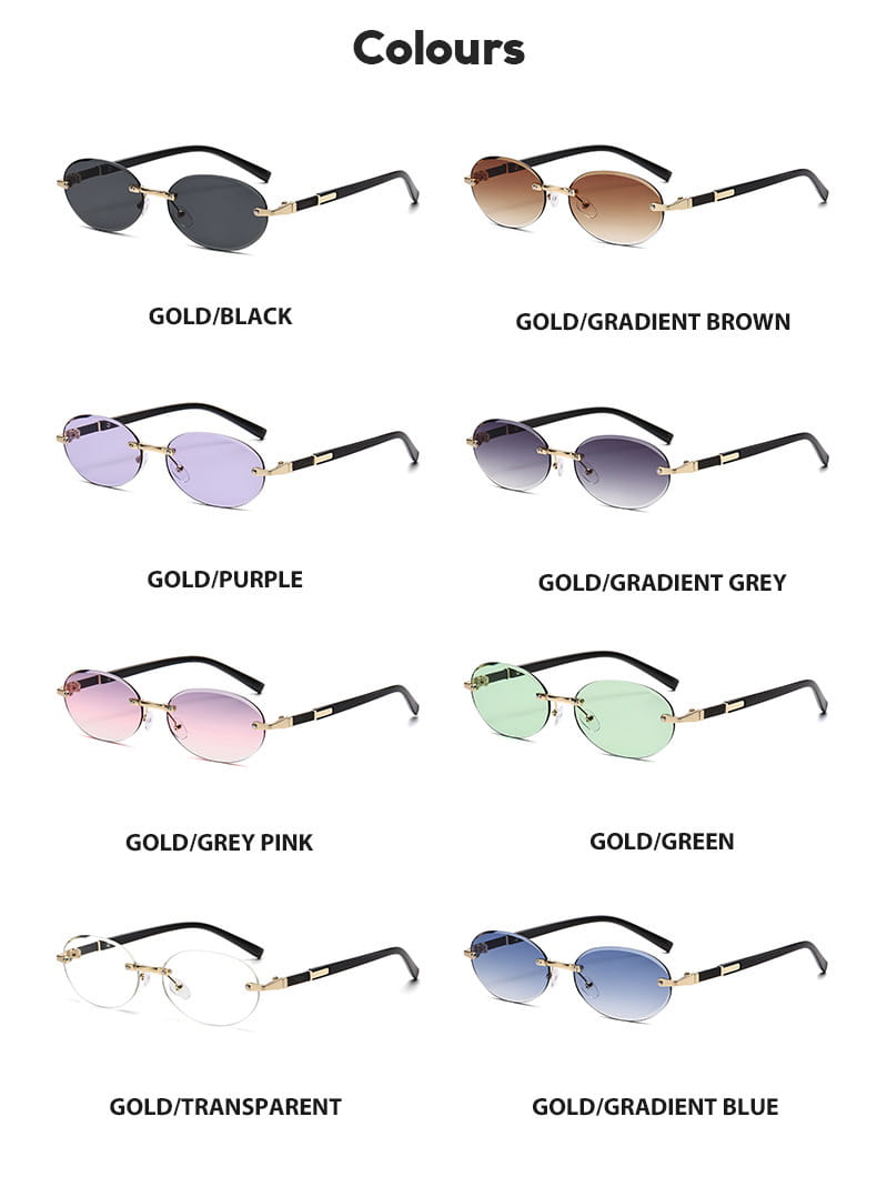 frameless oval uv400 fashion sunglasses with gold-rimmed oval lenses, black temples, metal accents, and gradient or solid colored lenses in brown, purple, green, blue, pink, grey, and transparent options.