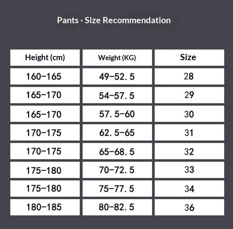 pants size recommendation chart displaying height weight ranges and corresponding sizes for men’s slim fit british style tailored straight leg trousers