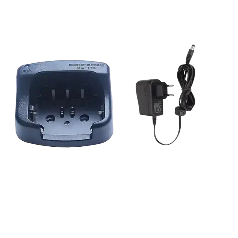 Black plastic bc-173 desktop charger with model sc-175 and matching power adapter for icom radios and icom two-way radios