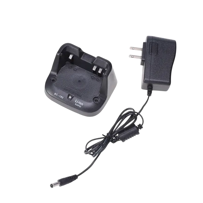 Black plastic bc-193 li-ion dock charger with power adapter and coiled cable for icom bp-265 li-ion battery