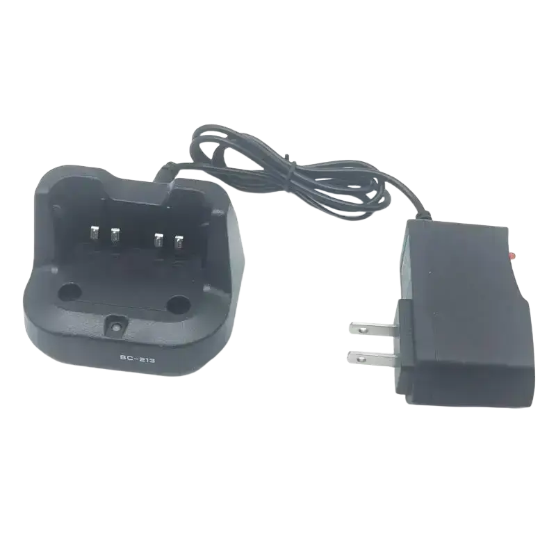 Black plastic bc-219 desktop charger with integrated power adapter and coiled cable for icom radios use
