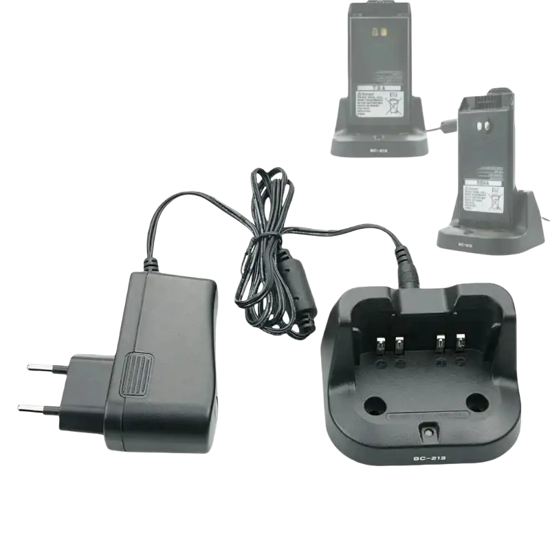 Black plastic bc-213 desktop charger with coiled power cord and dual charging slots for Icom radios