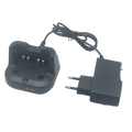 Bc-213 desktop charger for icom radios black plastic base with three metallic contacts and european two-pin power adapter