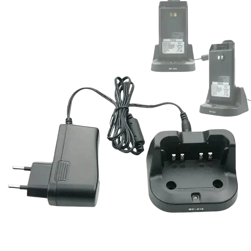 Black plastic bc-213 desktop charger with integrated power adapter and coiled cable for motorola bc-213 two-way radio