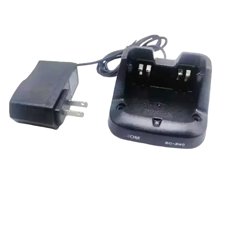 Black plastic bc-240 desktop charger for icom walkie talkie with integrated power adapter for efficient charging and shipping time