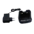 Black plastic bc-240 desktop charger for icom walkie talkie with molded contours and metal contacts for efficient charging