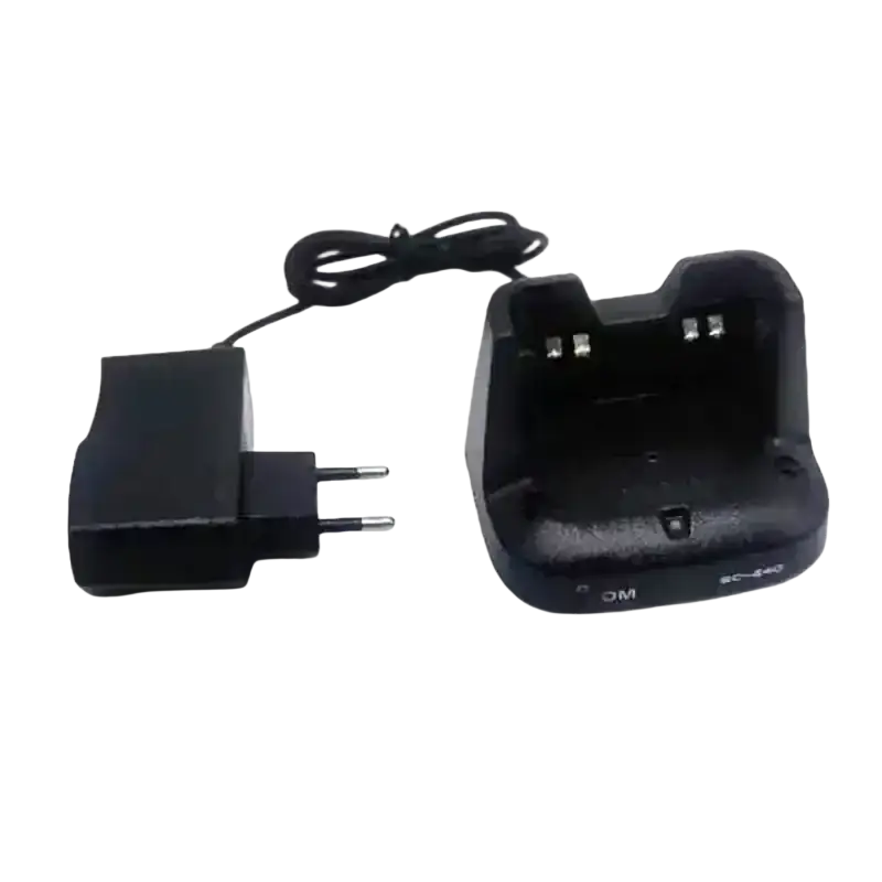 Black plastic bc-240 desktop charger with integrated power adapter and coiled cable for walkie talkie charging and shipping time optimization