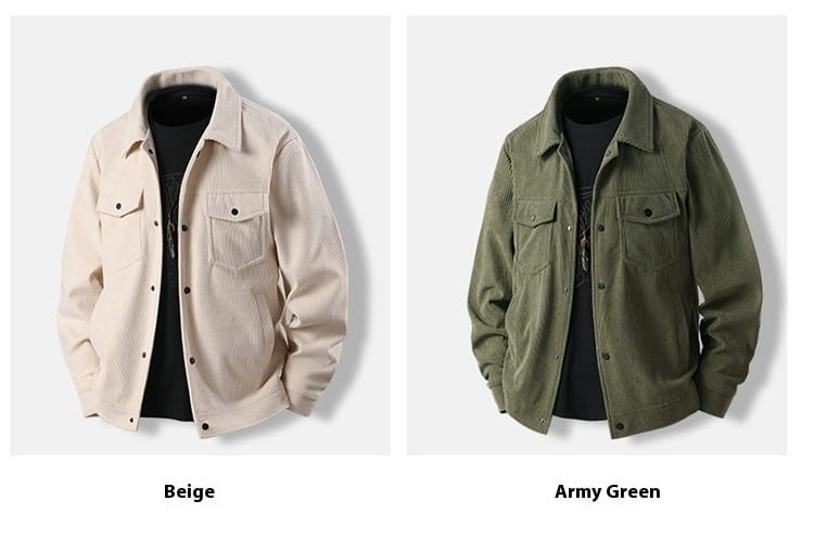Herren-Cordjacken im Casual-Stil in Beige und Armeegrün mit geknöpften Brusttaschen.