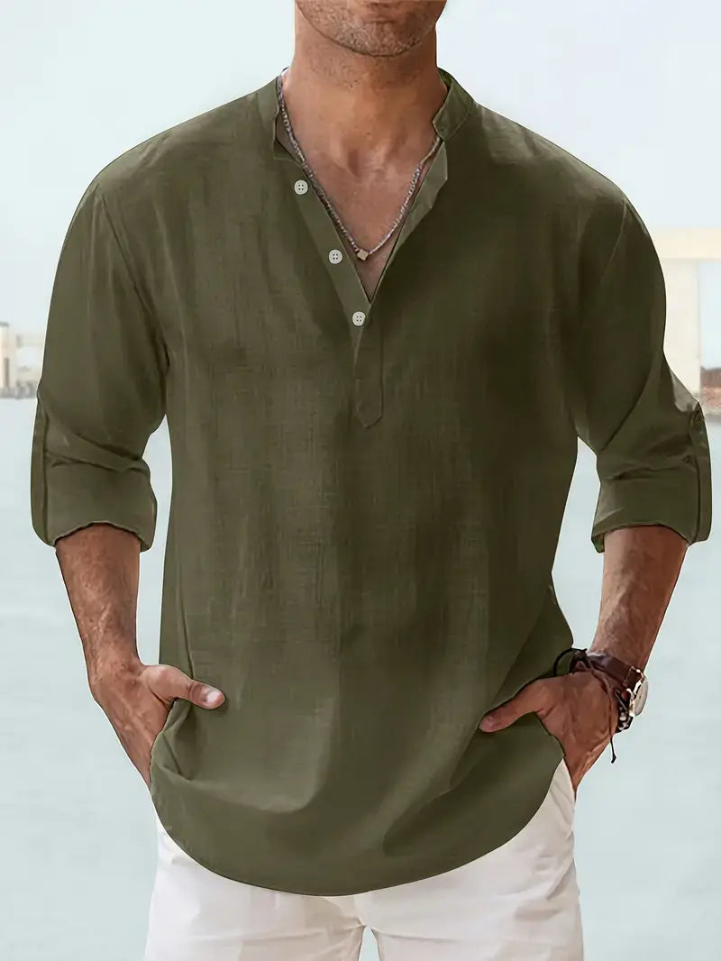 Men’s olive green lightweight long-sleeved mandarin collar shirt made of linen and cotton with rolled cuffs and a relaxed fit.