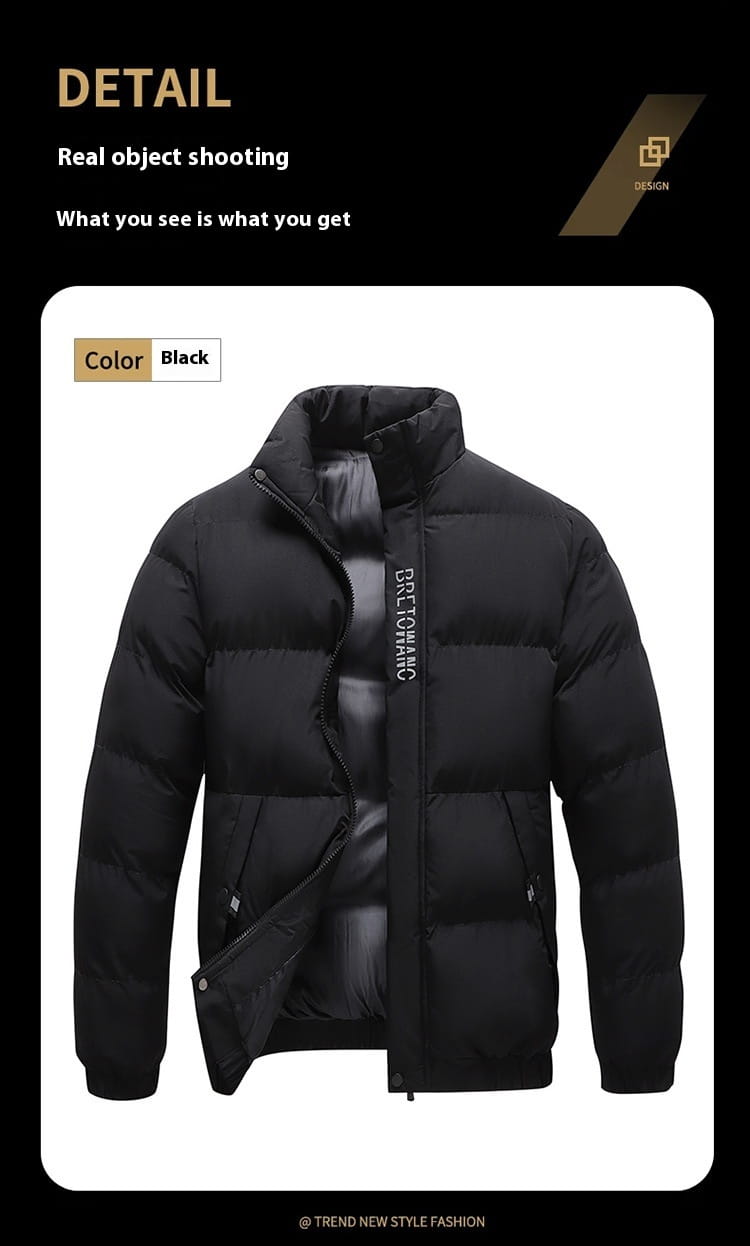 Men’s warm padded down jacket in gray featuring a black puffer design with a high collar, front zipper, and vertical text on the left sleeve.
