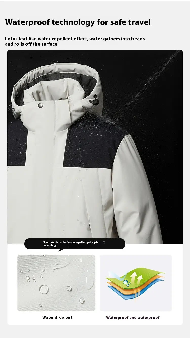 White and black windproof waterproof puffer jacket with a hood featuring water-repellent technology causing droplets to bead up and roll off the surface.