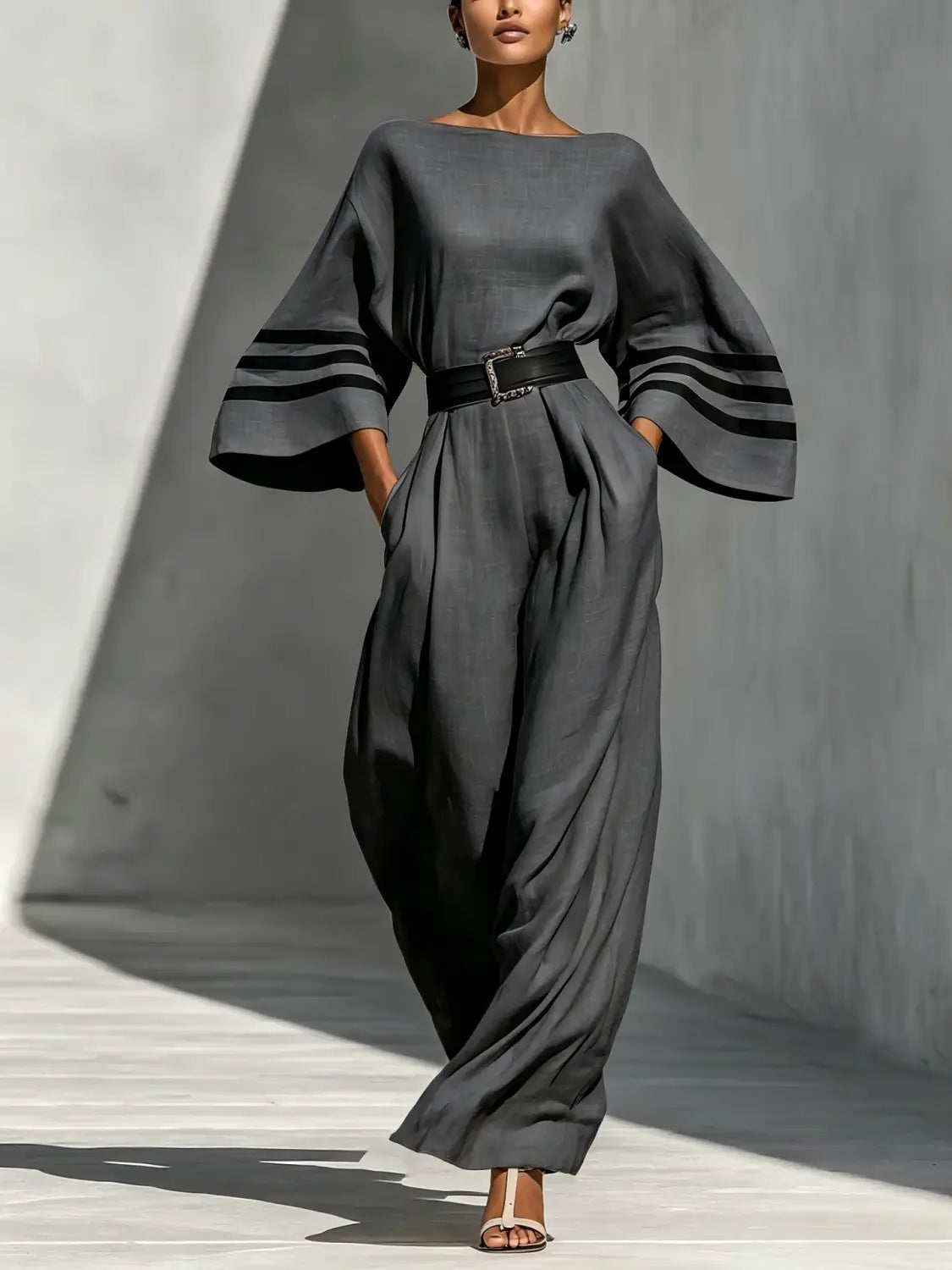 Fließender Jumpsuit aus Leinen in Anthrazitgrau mit Glockenärmeln, mit schwarzen horizontalen Streifen und passendem Gürtel.