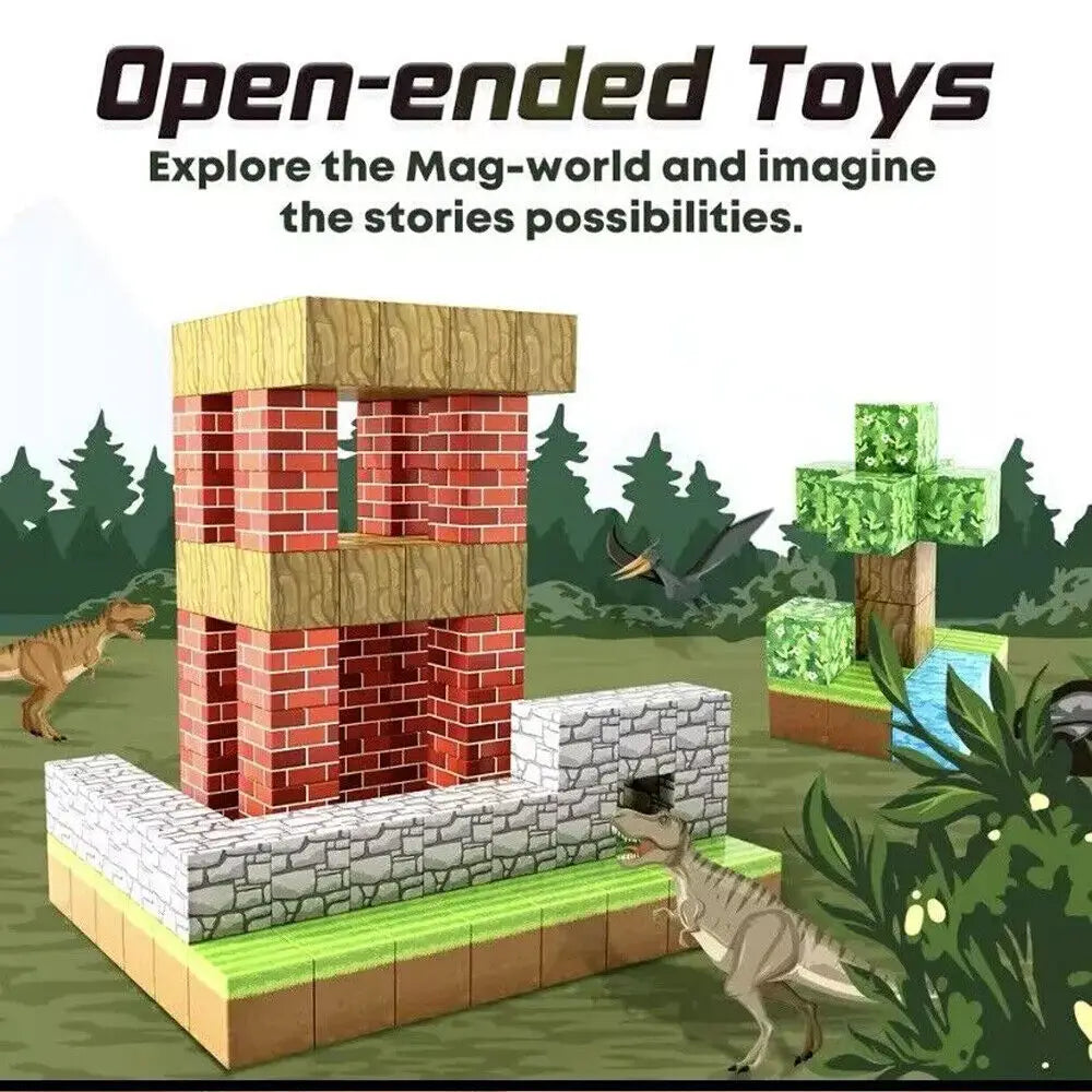 Minecraft magnetic building blocks 100pc educational toy featuring a red and beige brick-style structure with a stone base, green grass platform, and wooden roof accents.