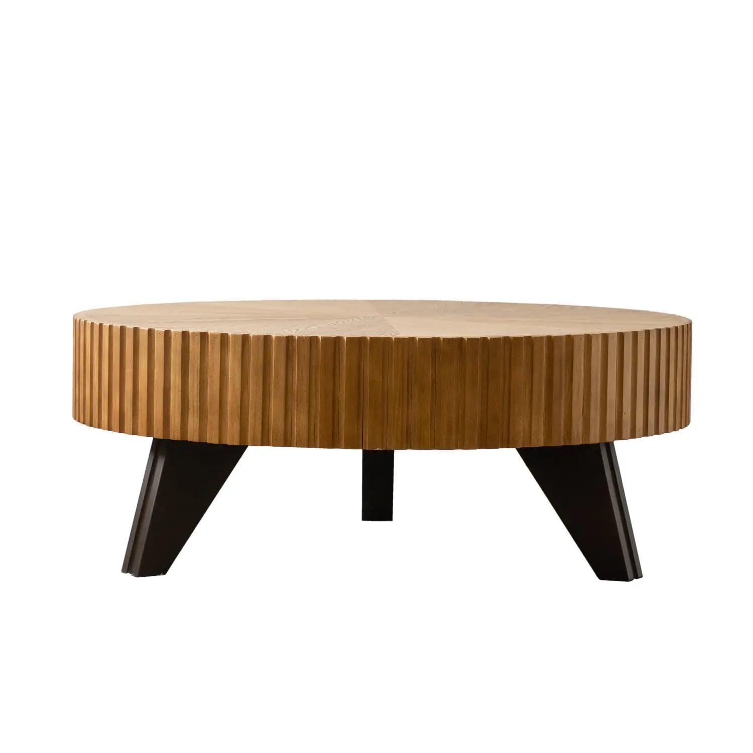 35.4 round retro coffee table with a fluted light brown wooden top and dark black angled legs.