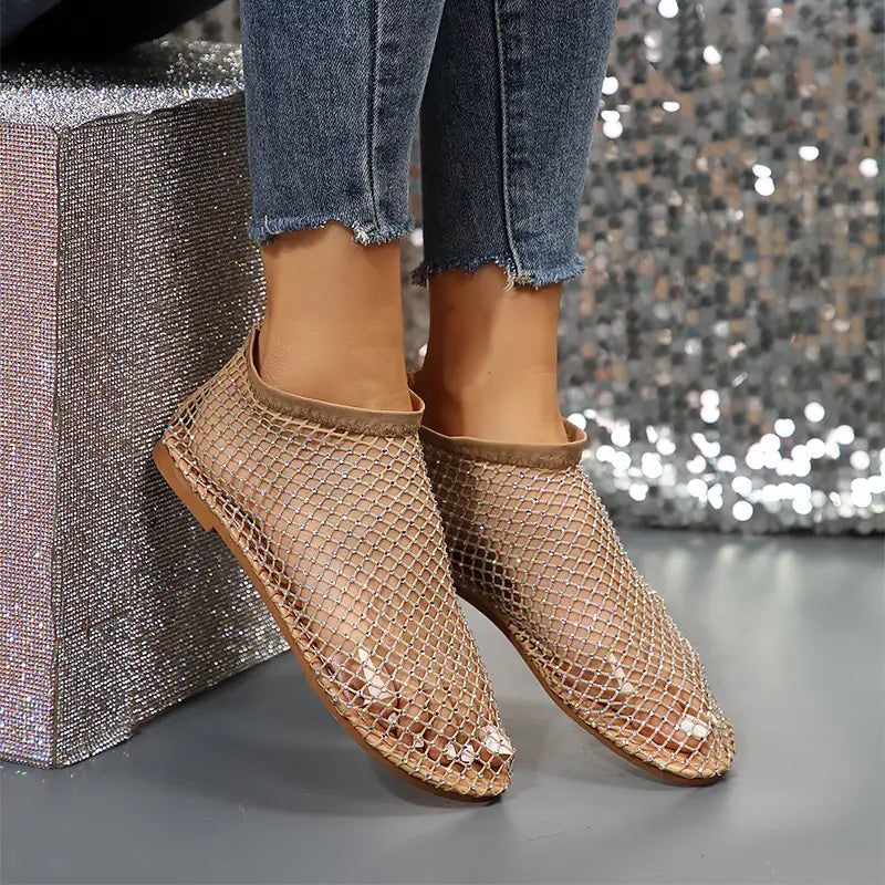 rose gold rhinestone mesh flat ankle boots for women featuring a soft elastic ankle strap and clear toe cap