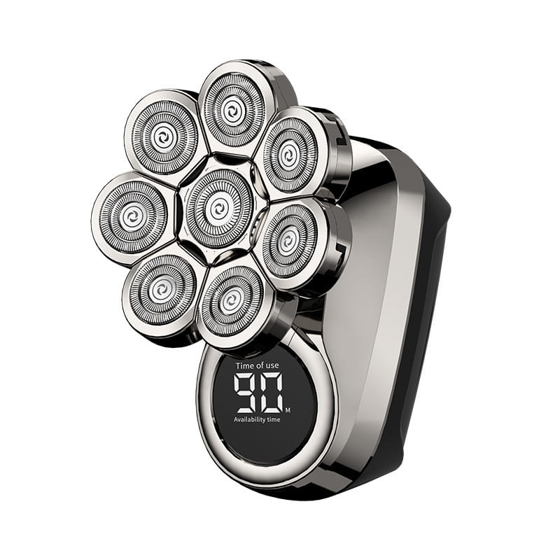 Silver and black 8-in-1 electric head shaver featuring seven circular shaving heads arranged in a flower-like pattern for waterproof grooming use.