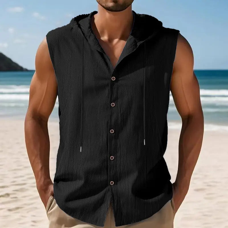 Black men’s linen blend sleeveless hooded button up shirt with subtle vertical ribbing and front button design.