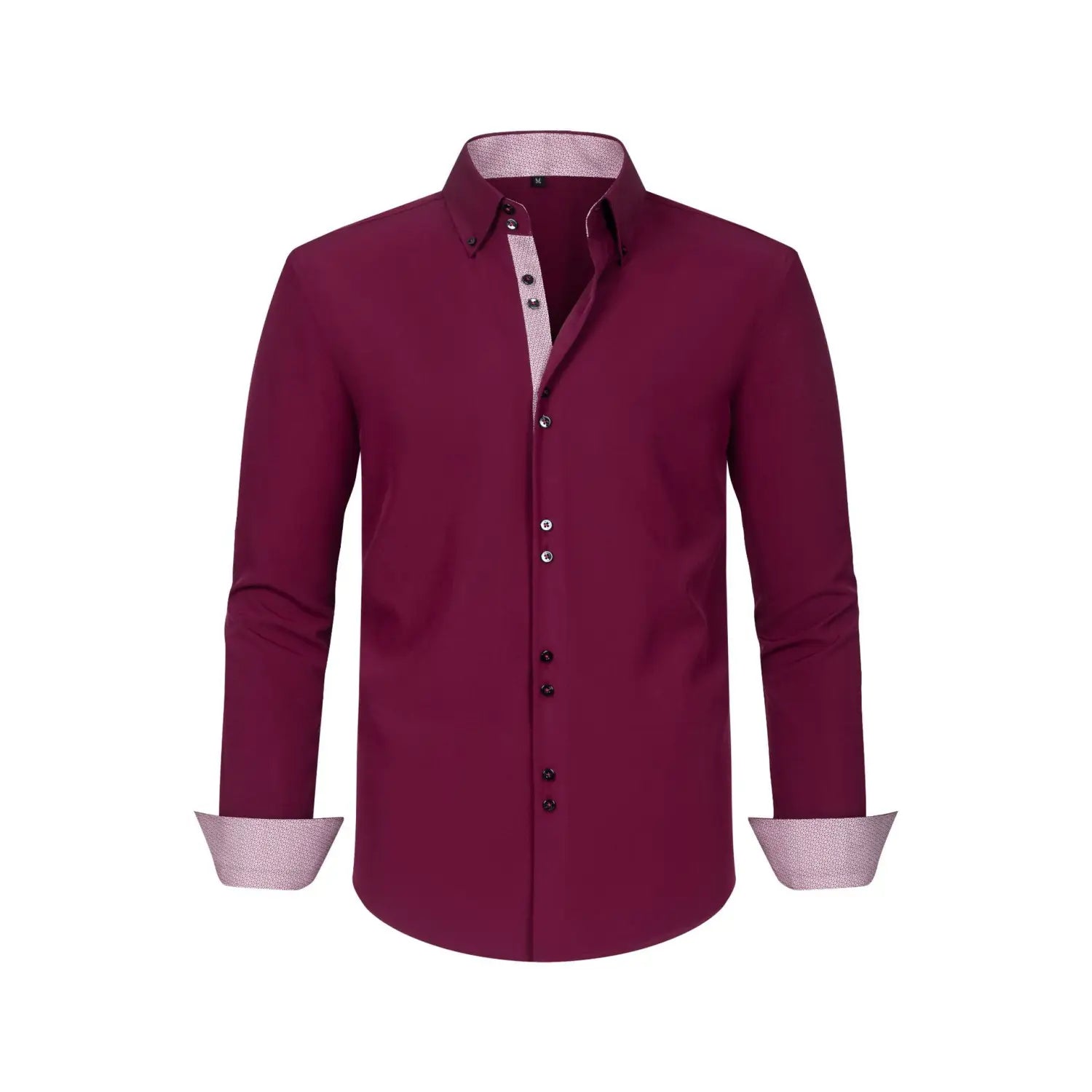 Une chemise habillée stretch à empiècements contrastés bordeaux pour homme, à manches longues, avec une doublure intérieure texturée et discrète visible au niveau du col et des poignets.
