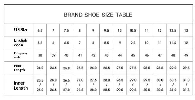 Una tabla de tallas de calzado de marca para zapatos de vestir tipo oxford de cuero para hombres, estilo casual de negocios, con brogue, que muestra códigos en inglés de EE. UU., códigos europeos correspondientes y medidas de la longitud del pie y la longitud interior.