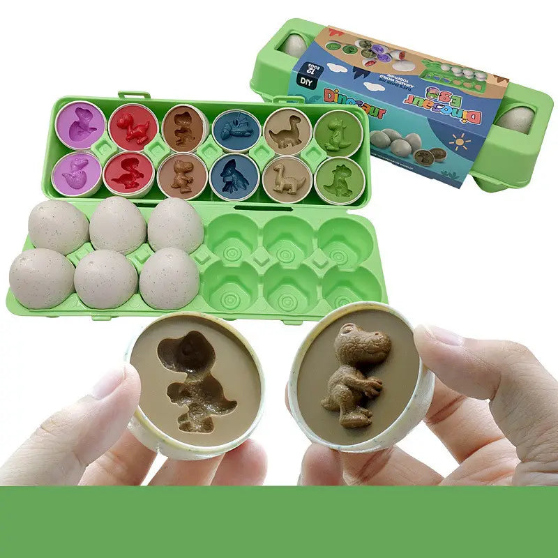 Green plastic egg carton containing beige eggs and dinosaur-shaped molds for Montessori matching egg toy shape and color sorter set for diy learning activities.