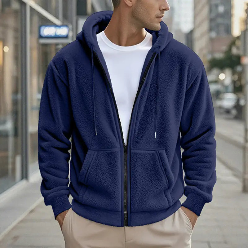 men’s fleece lined loose zip up hooded jacket in navy blue fleece with a hood and front pockets
