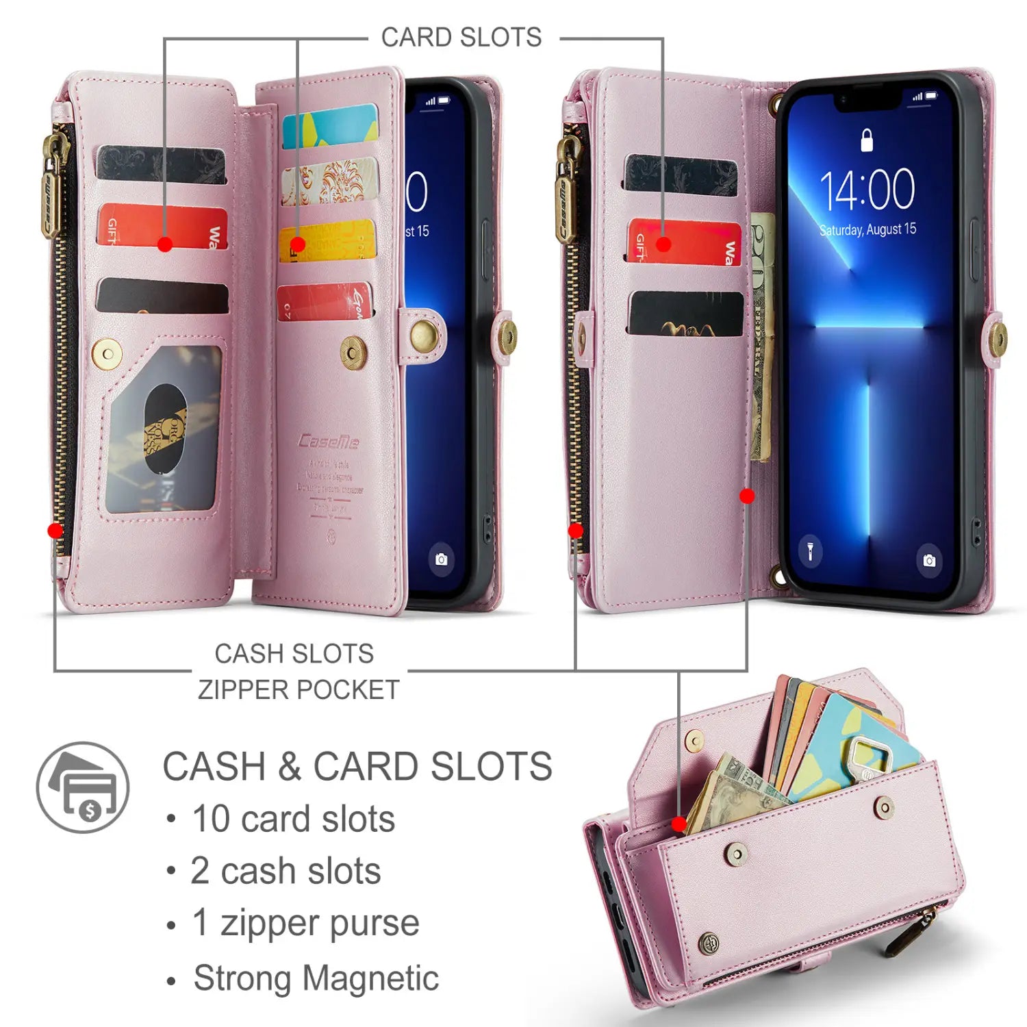 Leather wallet phone case in pink leather featuring card slots cash pockets and a zipper purse with a removable wrist strap.