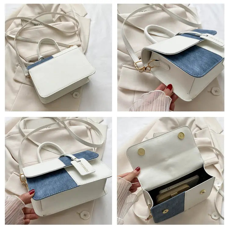 Two tone denim patchwork crossbody bag in white and blue with gold tone hardware.
