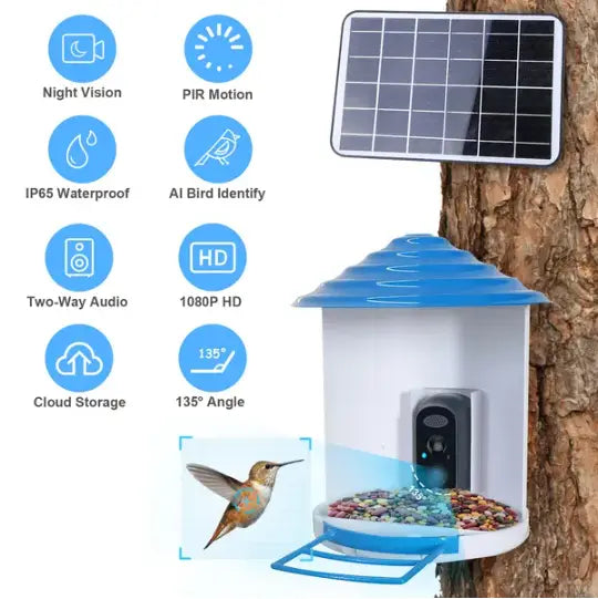 Comedero inteligente para pájaros con cámara WiFi solar con IA 1080p, IP65