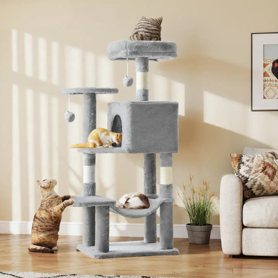 Gray 44 inch multi-level cat tree tower featuring soft carpeted platforms, sisal scratching posts, and hanging toys for feline entertainment.