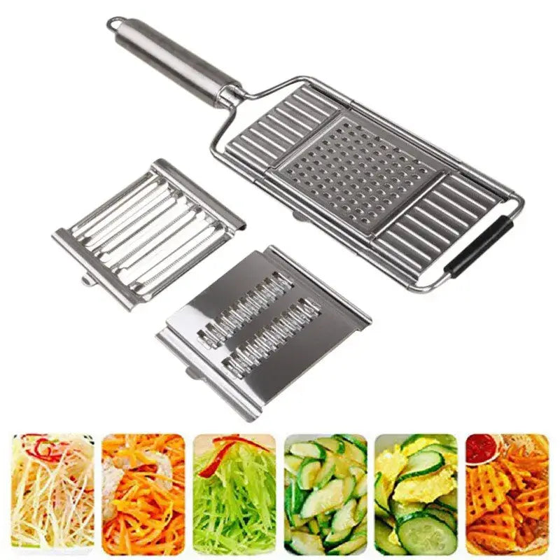 Juego de rallador y cortador multiusos de acero inoxidable con cuchillas intercambiables para triturar, cortar en láminas y trocear verduras.