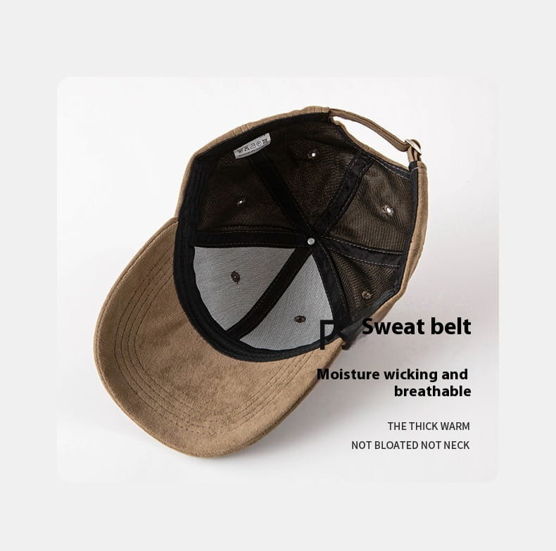 Tan corduroy suede baseball cap with black mesh back and adjustable strap shown from the back side in a soft minimalist adjustable hat design.