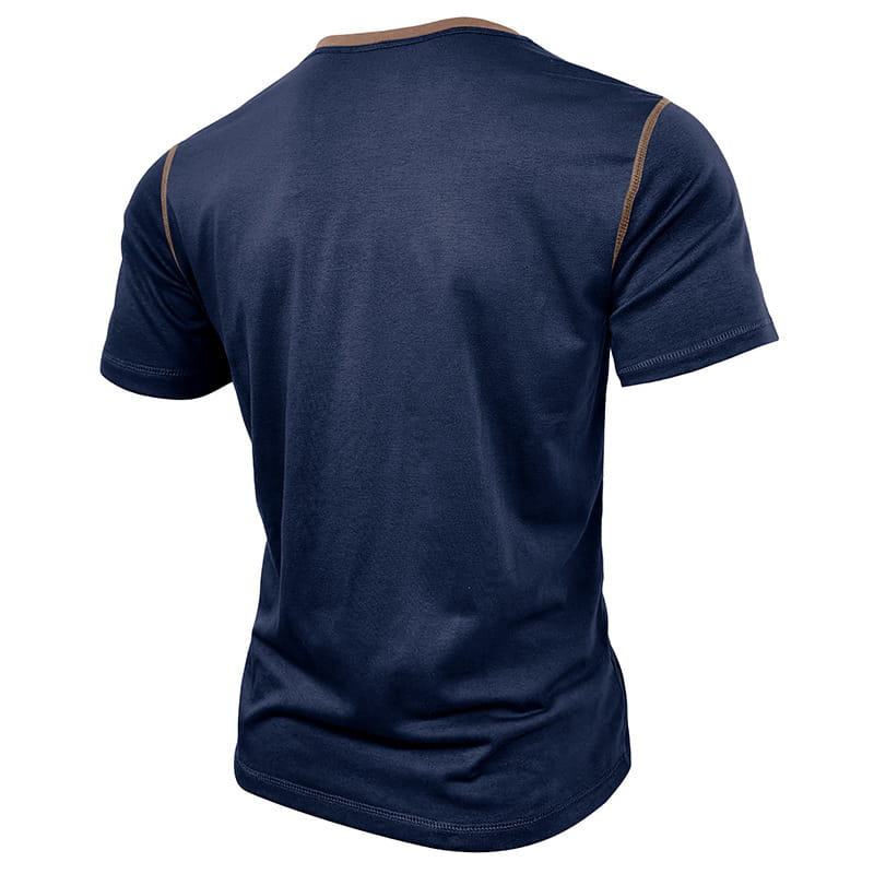 Navy blue short sleeve henley polo shirt with contrasting tan trim along shoulder seams and neckline for casual wear.