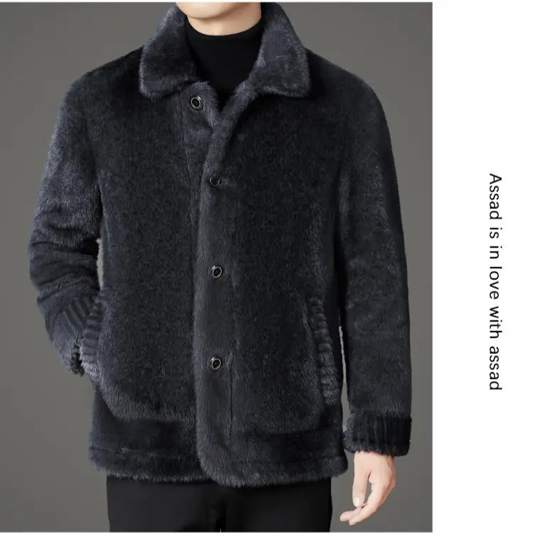 Dark gray faux fur winter coat for men with a plush collar and ribbed cuffs.