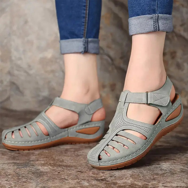 Gray leather retro wedge sandals for women plus size featuring a supportive wedge heel and breathable cutout design.