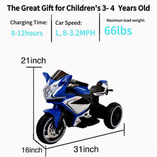 Blue and white electric tricycle motorcycle for children with a sporty racing aesthetic featured in a 6v kids electric ride on motorcycle red product image.