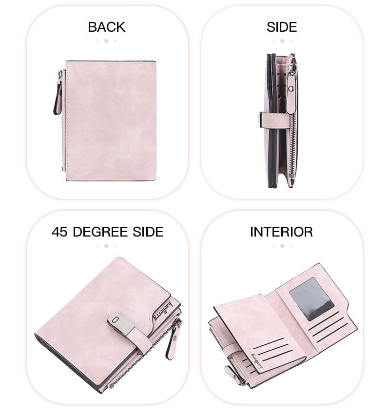 A soft pink textured women’s short faux leather multi slot wallet with a zipper closure and a metallic clasp.