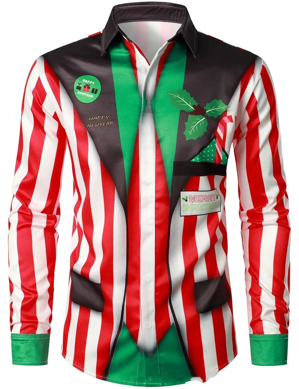 Men’s christmas print button up shirt featuring a festive red and white striped design with green accents and holiday graphics including holly leaves candy canes and a merry christmas patch on the chest.