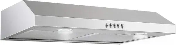 Stainless steel 30 inch under cabinet range hood with a sleek modern design and five control knobs along the top edge.