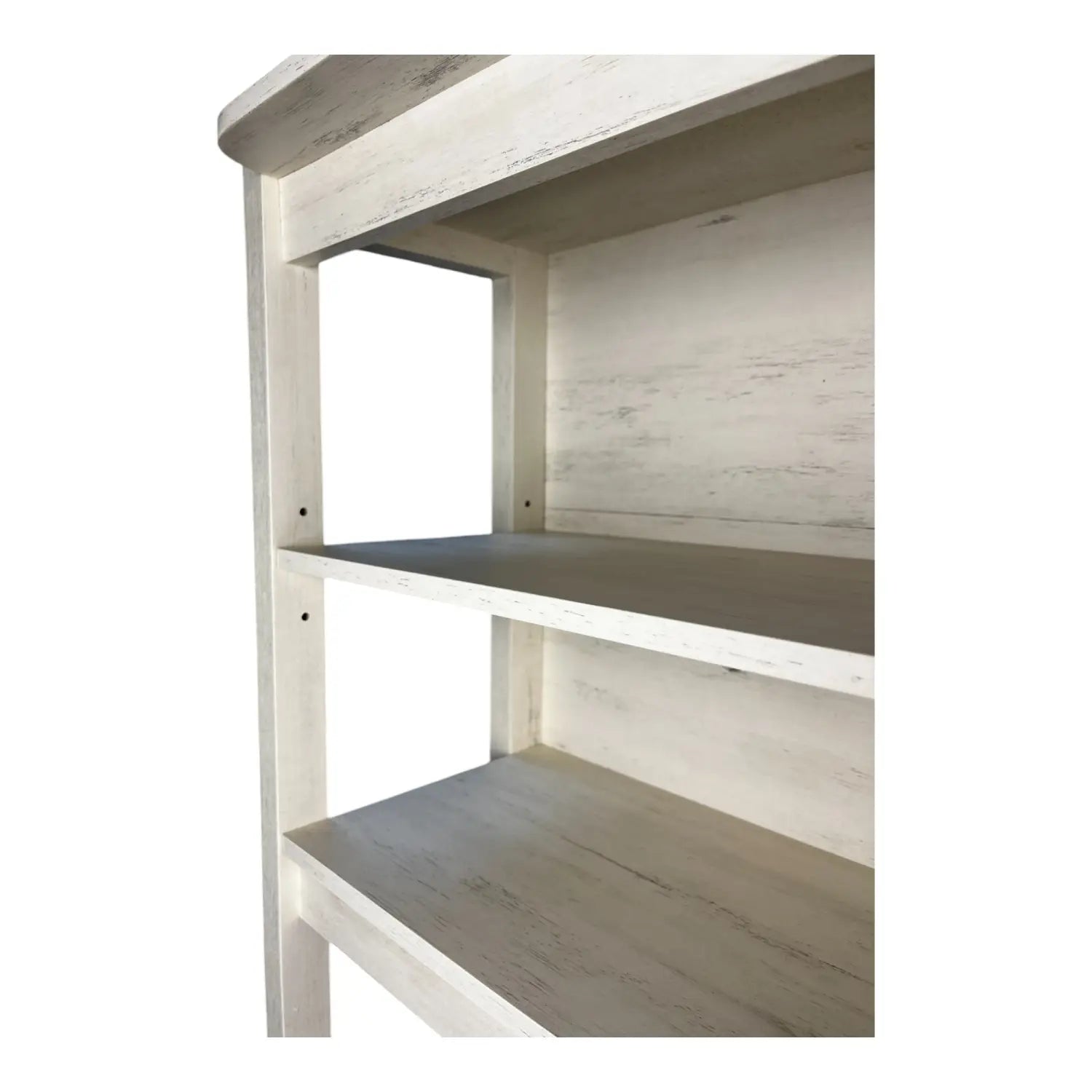 white distressed wood bookshelf with three shelves and curved top for kitchen baker rack microwave stand in white and black