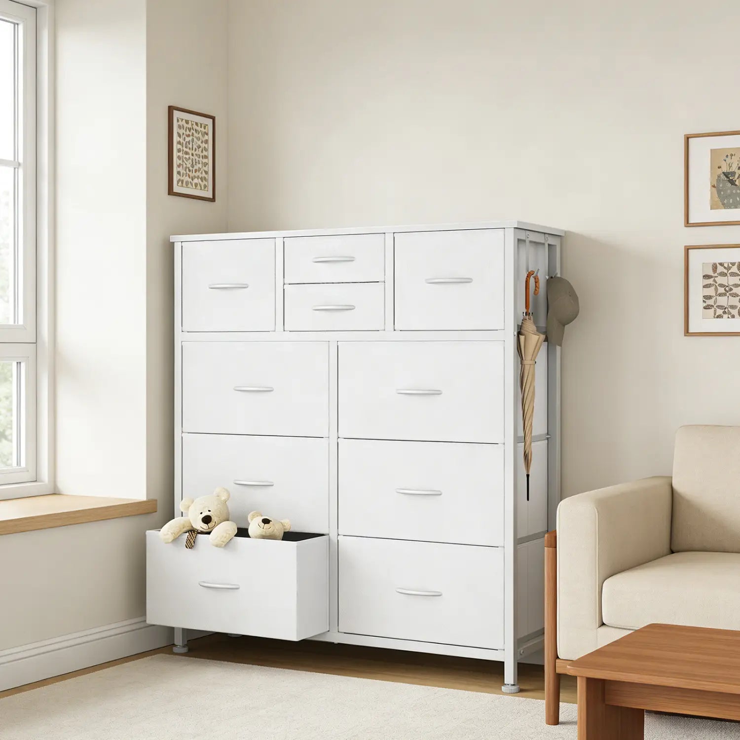 10-drawer Dresser with Side Pocket & Hooks Storage Cabinet with Wood Top for Bedroom Closet Organization