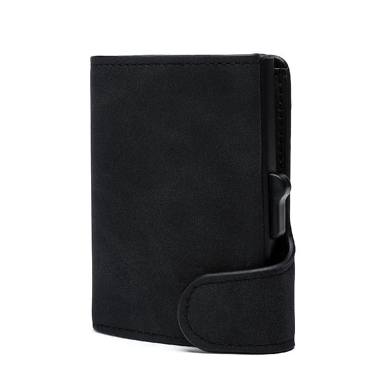 Black suede crazy horse leather metal card case wallet with magnetic closure and sleek minimalist design.