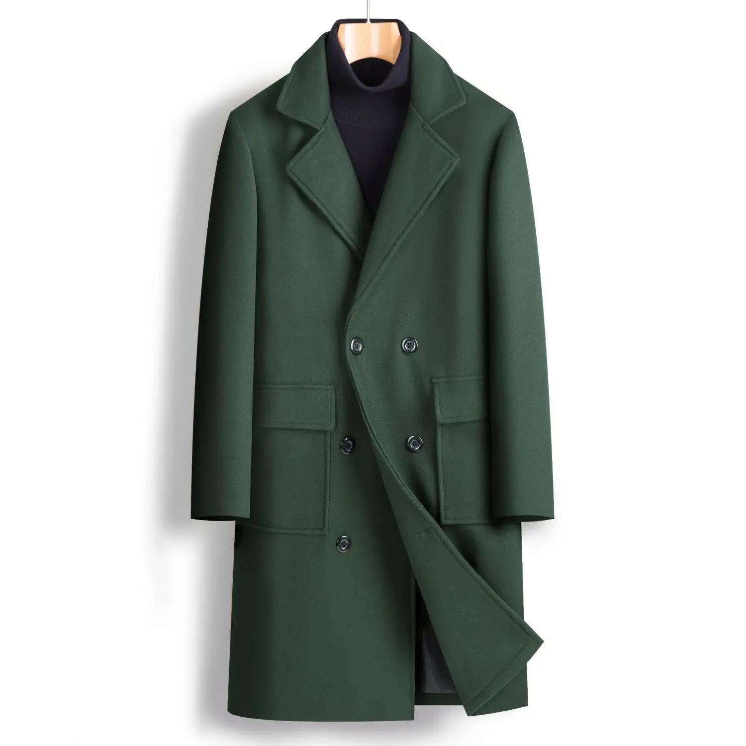 Men double breasted wool overcoat in dark green with mid length design, notched lapels, and flap pockets.